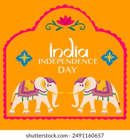 India Independence Day poster on a orange background. Festive Indian elephants in festive clothes. Frame with floral ornaments and inscription. Traditional animal of India