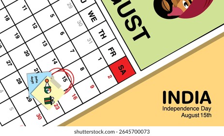 India Independence Day reminder on August 15th in a wall calendar with illustrative people wearing the nation's traditional attire.