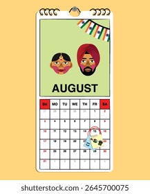 India Independence Day reminder on August 15th in a wall calendar with illustrative people wearing the nation's traditional attire.