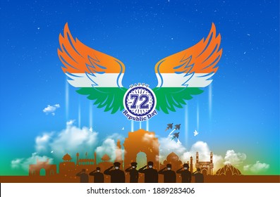 India Independence Day. Republic Day Background With Tricolor Wing, Army Saluting, Celebration On India Get, Flag, Fighter Jet, Indian Monuments Skyline, Kite Flying Editable Creative Vector