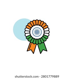 India Independence Day ribbon award badge icon, Tiranga patriotic rosette vector illustration with Ashoka Chakra center, clean line art isolated on white for holiday design element