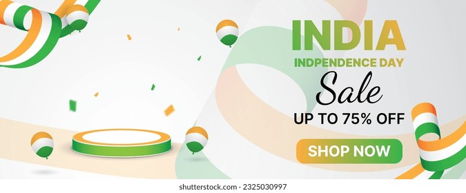 banner de venta del día de la independencia india con podio, globos y confetti