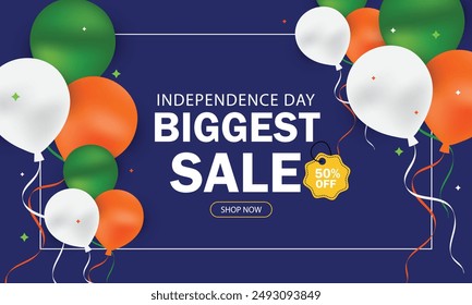 India Independence Day sale promotion banner or poster decorated air balloons in national tricolour. Holiday discount offer