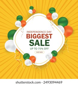 India Día de la Independencia promoción de la venta Anuncio o cartel decoró globos de aire en tricolor nacional. oferta de descuento de Festiva