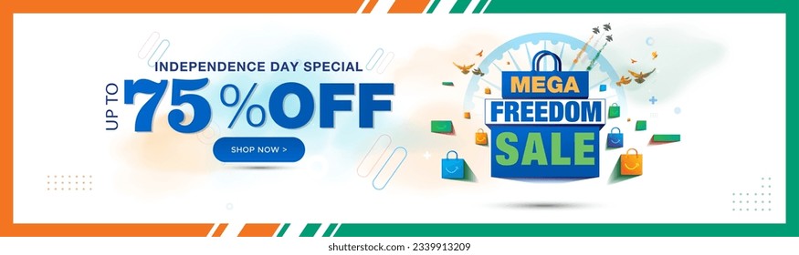 India Independence Day Sales banner concept. 75% off Mega Freedom sale typography with shopping bags. Promotional advertising template background.