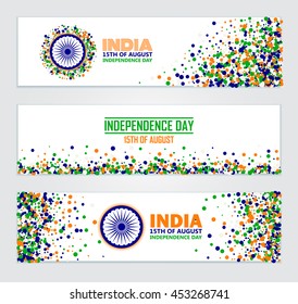 India Independence Day set of horizontal banners in traditional colors - saffron, green, navy blue.