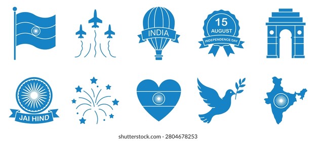 India independence day solid blue icon set. Including national flag, fighter jets, hot air balloon, badge, gate, chakra, fireworks, heart, dove, map and more icons.