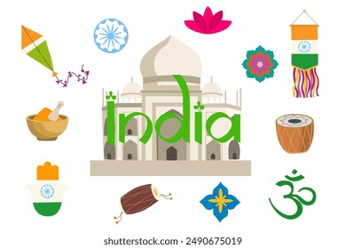 India Independence Day. Travel to India, India's traditional symbols, icons attractions. Taj Mahal, flag of India, lotus, traditional Indian spices, musical instrument. Set of vector icons