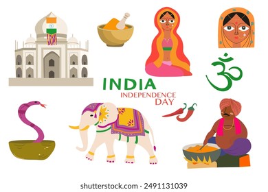 India Independence Day. Travel to India, India's traditional symbols, icons attractions. Famous palace, flag of India, traditional Indian spices,
an elephant and indian woman in traditional clothes