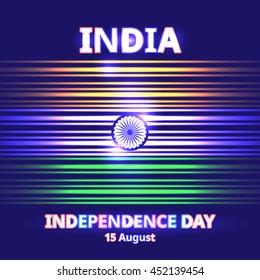 India Independence day. Vector background with Indian national flag, deep saffron, white and green colors. 15th of august design element with Dharma wheel and glow light effect