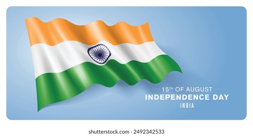 Indien Unabhängigkeitstag Vektorgrafik Banner, Grußkarte. Indische Wellenfahne im 15. August patriotischer Urlaub Horizontales Design mit realistischer Fahne