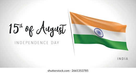 India independence day vector banner, greeting card. Indian wavy flag in 15th of August patriotic holiday horizontal design with realistic flag