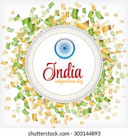 India Independence Day Vector Confetti Colorful on White Background with Beautiful Sign with Stars and Vintage Frame