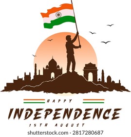 India Independence Day vector design with a man holding the national flag over historic landmarks against a sunset sky.