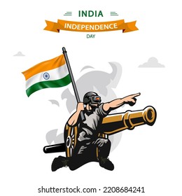 India Independence Day vector. Flat Design Patriotic soldier carrying India Flag.