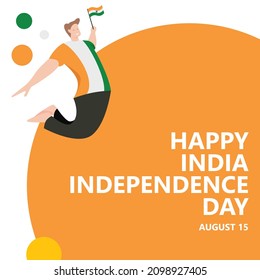 India independence day vector template with a happy man jumping and holding the Indian flag. South Asian country public holiday.