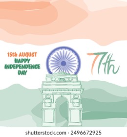 Día de la Independencia de la India Ilustración vectorial de Anuncio de acuarela aislada en el fondo blanco Puerta de la India de la rueda del chakra de Ashok con Anuncio de colores de la bandera de la India Celebración del 77° Día de la Independencia.