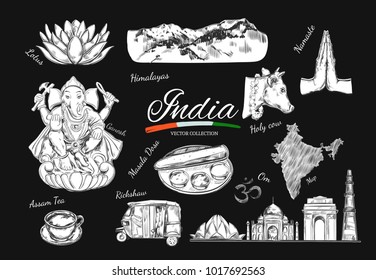 India. Indian Heritage. Vector hand drawn symbols of India. Isolated objects on white.