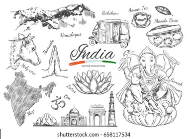 India. Indian Heritage. Vector hand drawn symbols of India. Isolated objects on white. 