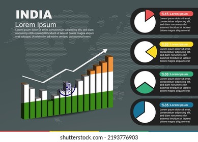 India infographic with 3D bar and pie chart, increasing values, India country flag on 3D bar graph, ups and downs data, presentation graphic idea, developing country