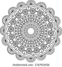 India inspired mandala design template in black and white. Vector illustration for games, background, pattern, decor. Coloring paper, page, book. Print for fabrics and other surfaces.