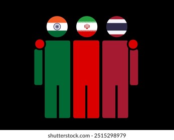 India, Iran, and Thailand National Flags With Embracing Body. Vector Illustration. Isolated background.