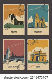 India, Ireland, Argentina, Czech Republic Attractions Postcard Set. Castle, Cathedral, Bridge, Gate Illustrations, Vector Template Retro Style Greeting Cards