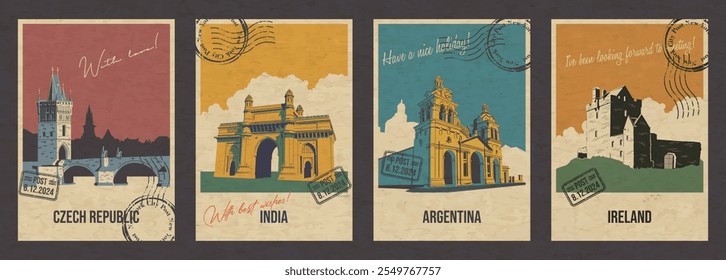 Indien, Irland, Argentinien, Tschechische Republik Sehenswürdigkeiten Postkartenset. Schloss, Kathedrale, Brücke, Tor Illustrationen, Vektorvorlage Retro Stil Grußkarten