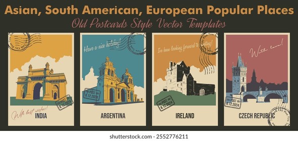 Indien, Irland, Argentinien, Tschechische Republik Sehenswürdigkeiten Postkartenset. Schloss, Kathedrale, Brücke, Tor Illustrationen, Vektorvorlage Retro Stil Grußkarten