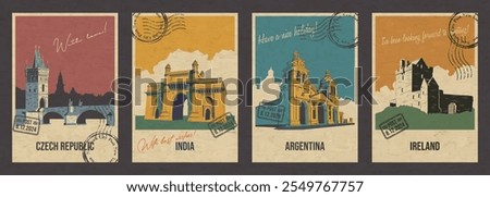 India, Ireland, Argentina, Czech Republic Attractions Postcard Set. Castle, Cathedral, Bridge, Gate Illustrations, Vector Template Retro Style Greeting Cards
