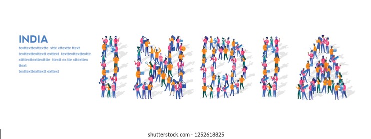 India Isometric Vector Concept, Group of business people are gathered together in the shape of India word, for web page, banner, presentation, social media, Crowd of little people. teamwork