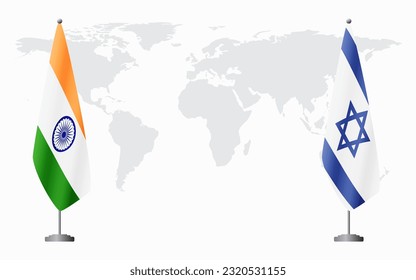 India and Israel flags for official meeting against background of world map.