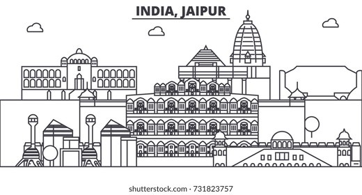 India, Jaipur architecture line skyline illustration. Linear vector cityscape with famous landmarks, city sights, design icons. Landscape wtih editable strokes