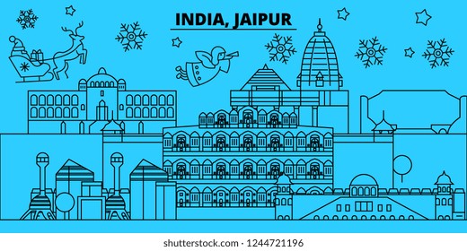 India, Jaipur winter holidays skyline. Merry Christmas, Happy New Year decorated banner with Santa Claus.India, Jaipur linear christmas city vector flat illustration