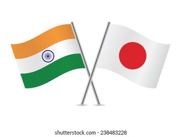 India and Japan crossed flags. Indian and Japanese flags, isolated on white background. Vector icon set. Vector illustration.