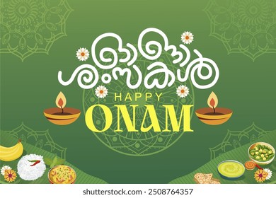 India kerala fesival happy onam text and onam sandhya vector illustration, background, banner, poster, template. Happy India onam festival 2024 vector illustration.