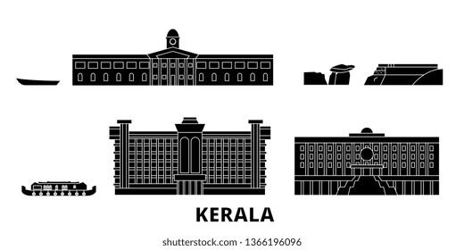 India, Kerala flat travel skyline set. India, Kerala black city vector illustration, symbol, travel sights, landmarks.