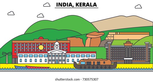 India, Kerala, Hinduism. City skyline, architecture, buildings, streets, silhouette, landscape, panorama, landmarks. Editable strokes. Flat design line vector illustration concept. Isolated icons set