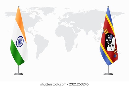 India and Kingdom of eSwatini - Swaziland flags for official meeting against background of world map.