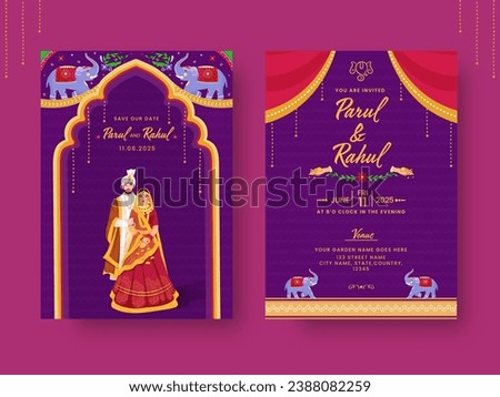 India Kitsch Style Wedding Invitation Card With Event Details In Front And Back View.