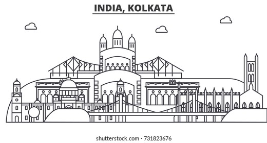 India, Kolkata architecture line skyline illustration. Linear vector cityscape with famous landmarks, city sights, design icons. Landscape wtih editable strokes