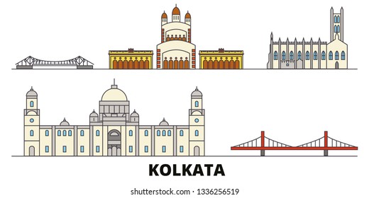 India, Kolkata flat landmarks vector illustration. India, Kolkata line city with famous travel sights, skyline, design. 