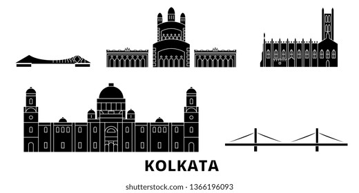 India, Kolkata flat travel skyline set. India, Kolkata black city vector illustration, symbol, travel sights, landmarks.