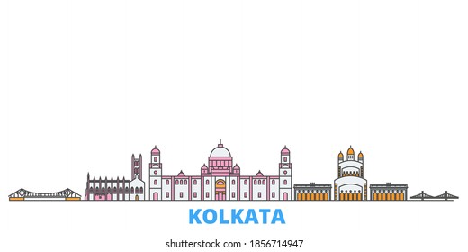 India, Kolkata line cityscape, flat vector. Travel city landmark, oultine illustration, line world icons