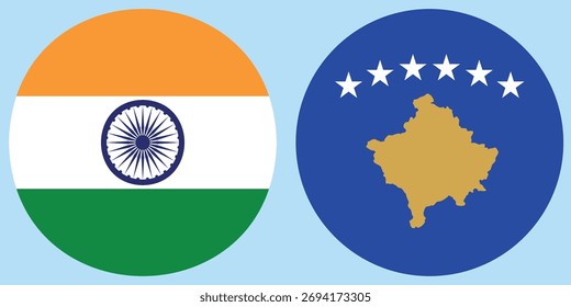 Vector de bandera circular de India y Kosovo con fondo azul claro 