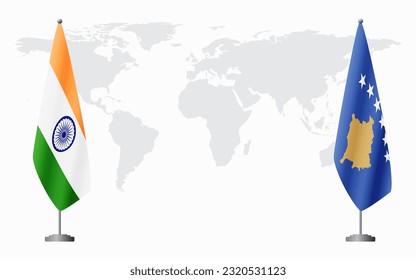 India and Kosovo flags for official meeting against background of world map.