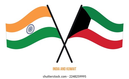 Banderas de India y Kuwait cruzadas y ondeando estilo plano. Proporción oficial. Colores correctos.