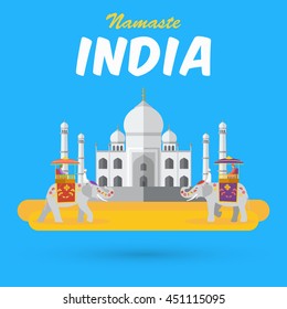 India landmarks and icons with word "Namaste" means a respectful greeting in Hindu custom