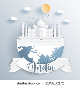 India landmarks on earth in paper cut style vector illustration.