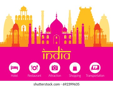 India Landmarks Skyline with Accommodation Icons, Cityscape, Travel and Tourist Attraction